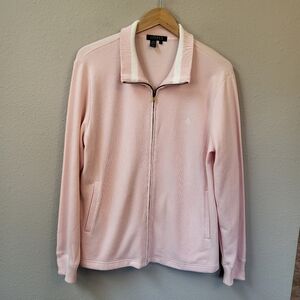 Lauren Ralph Lauren Zip Up Knit Top Cardigan XL Solid Pink White Trim Cotton Rib